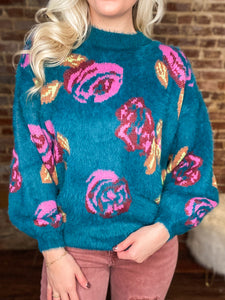 With Roses Teal Floral Sweater