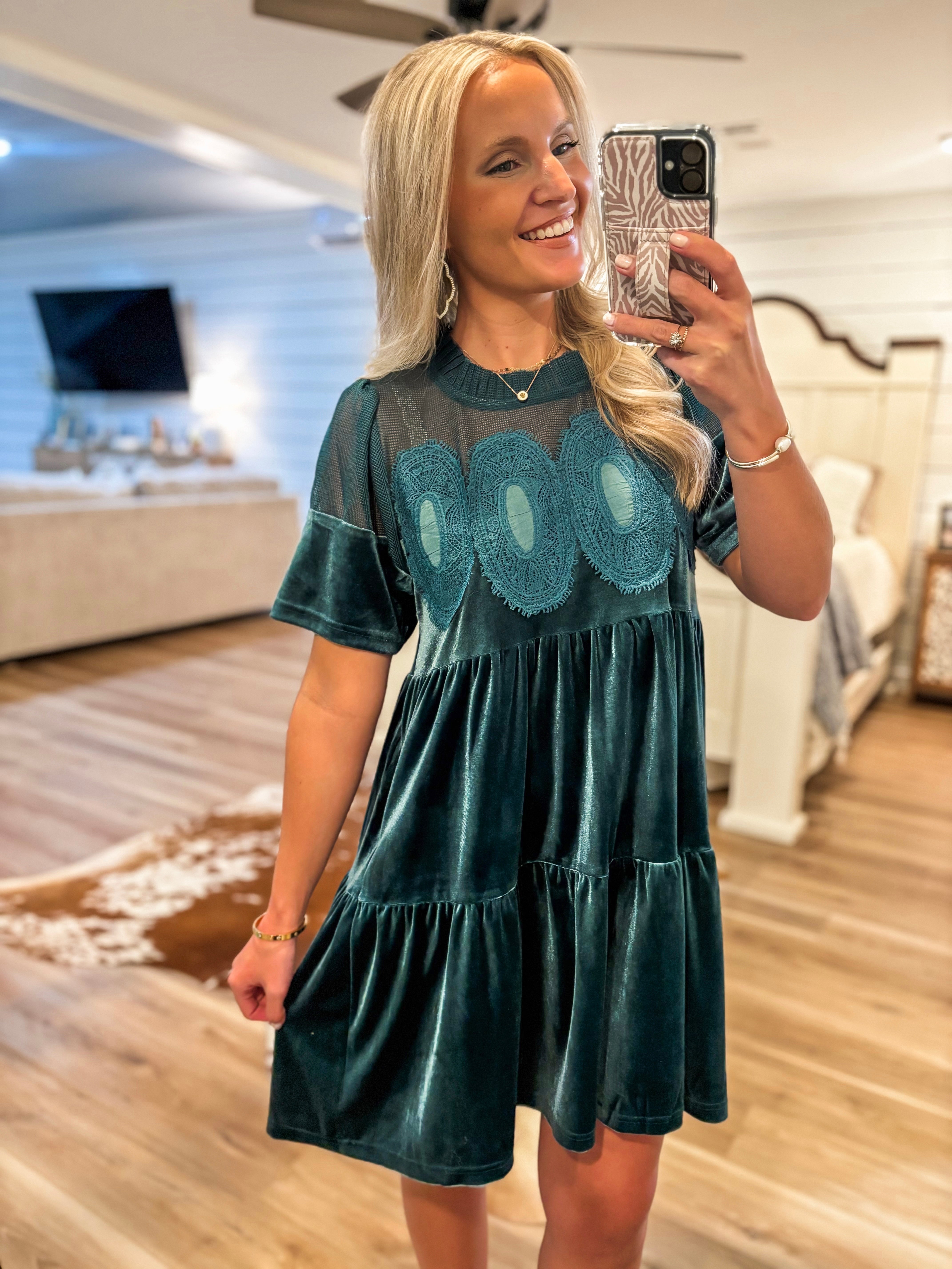 Little Details Teal Velvet Mini Dress