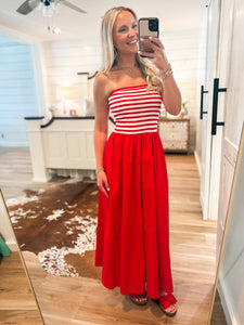 Midsummer Meeting Red Stripe Strapless Maxi Dress