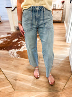 Load image into Gallery viewer, White Stripe Light Wash Barrel Vervet Denim
