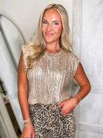 Load image into Gallery viewer, Time To Shine Gold Metallic Sleeveless Sweater
