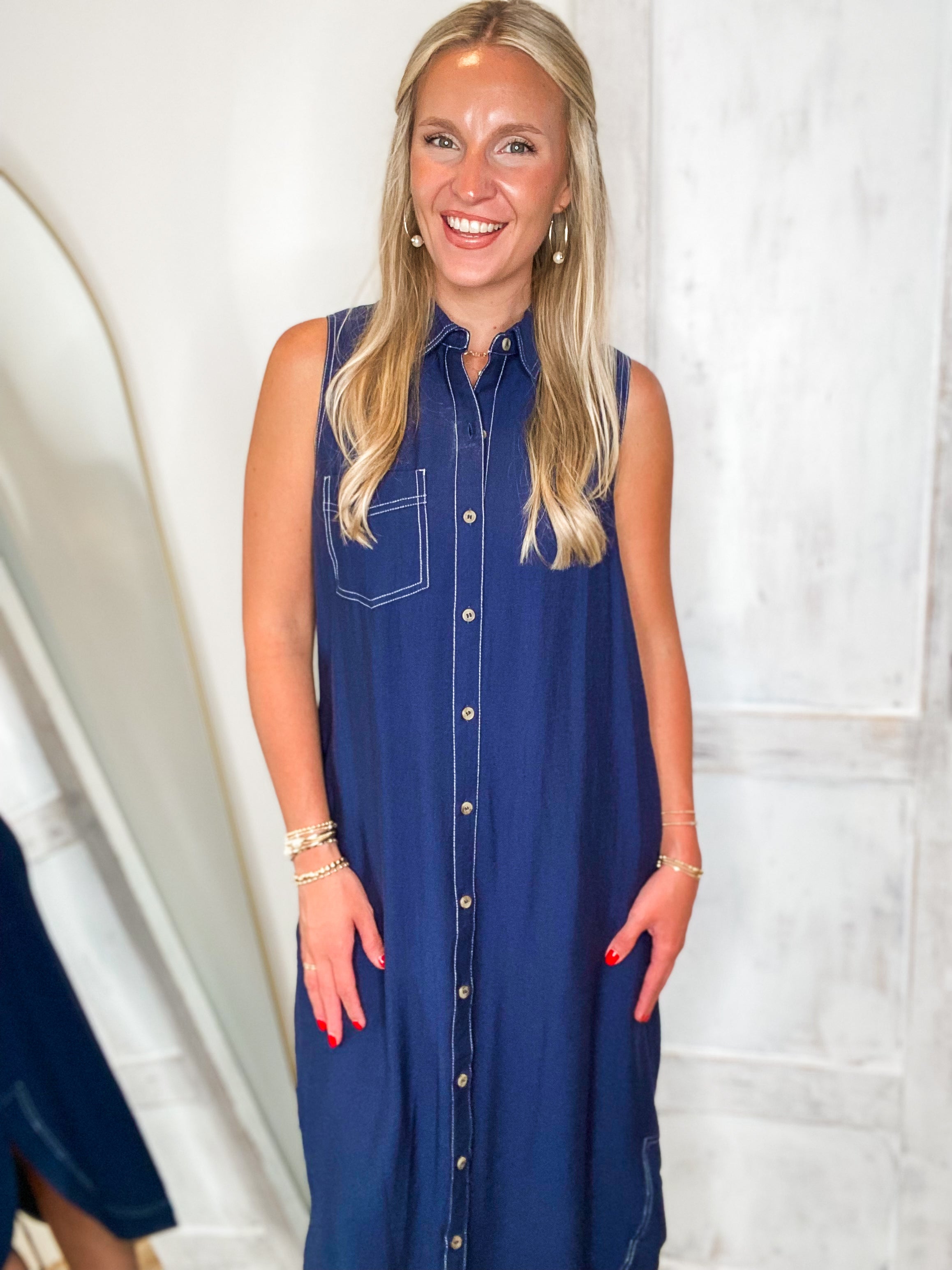 Left To Chance Navy Button Down Midi Dress