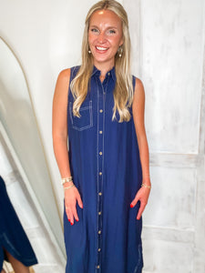 Left To Chance Navy Button Down Midi Dress