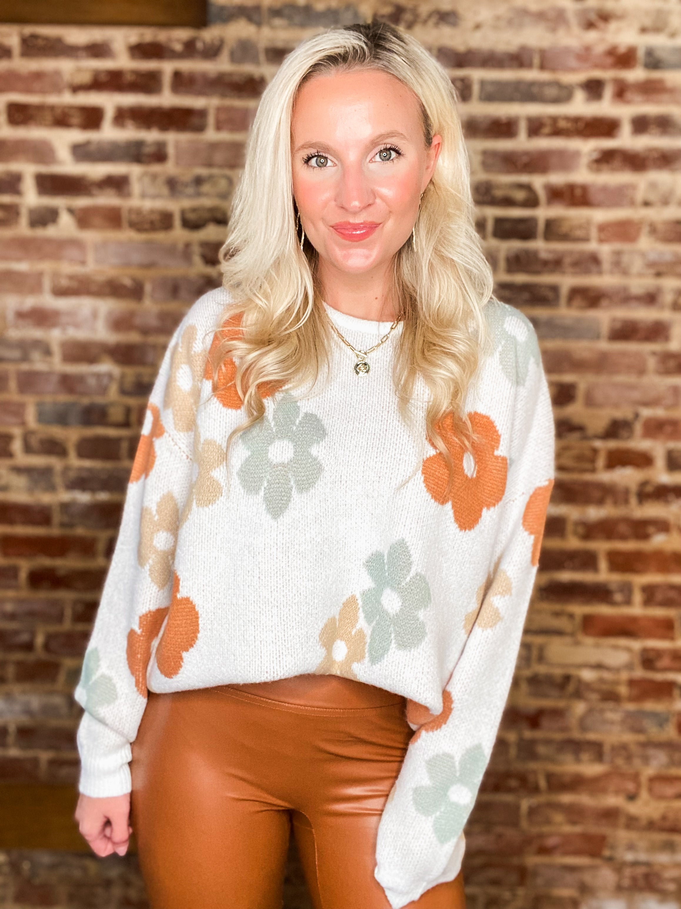 Wonderful Place Teal & Rust Floral Sweater