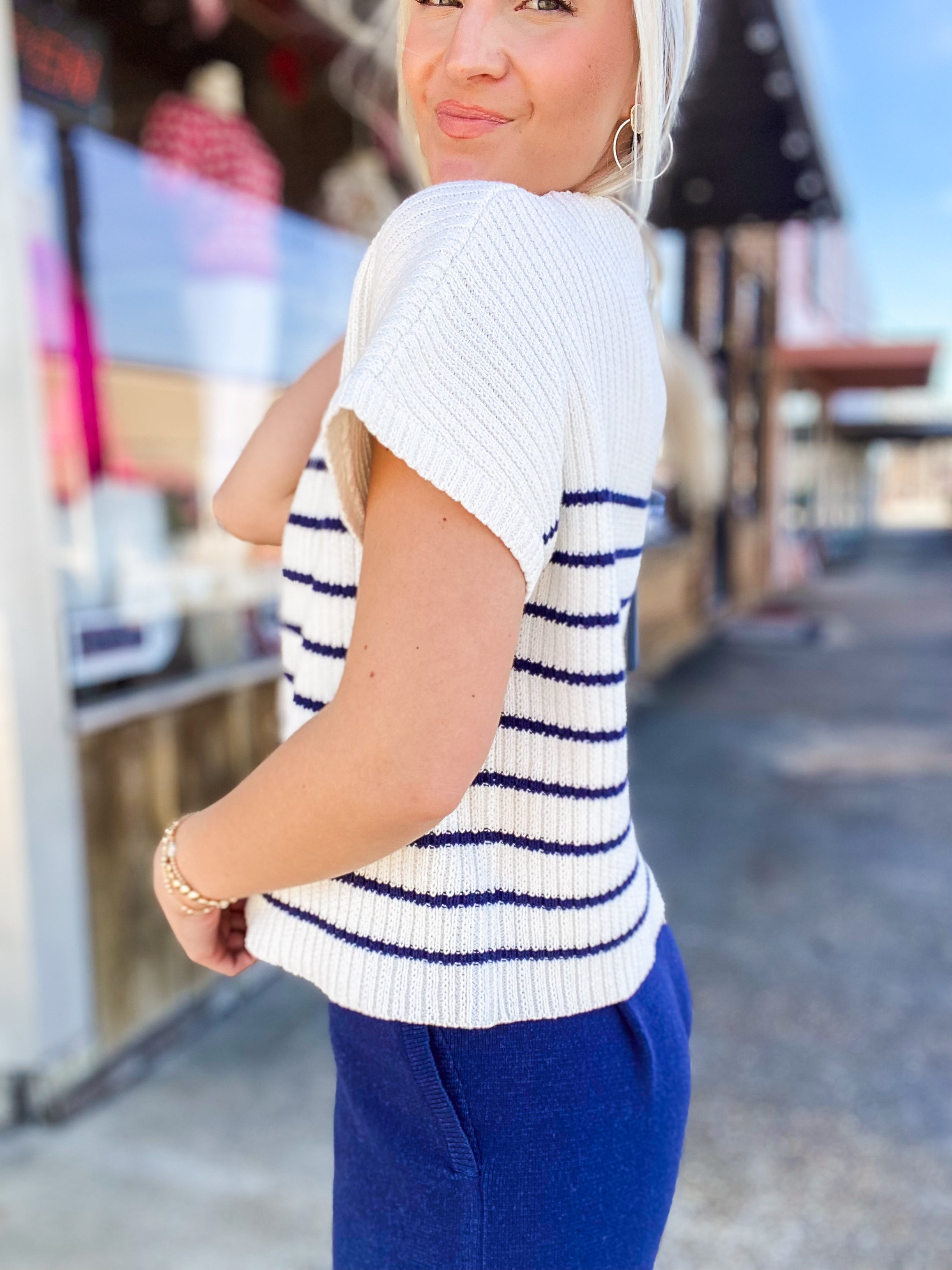 Never Better Navy & White Striped Short Sleeve Sweater