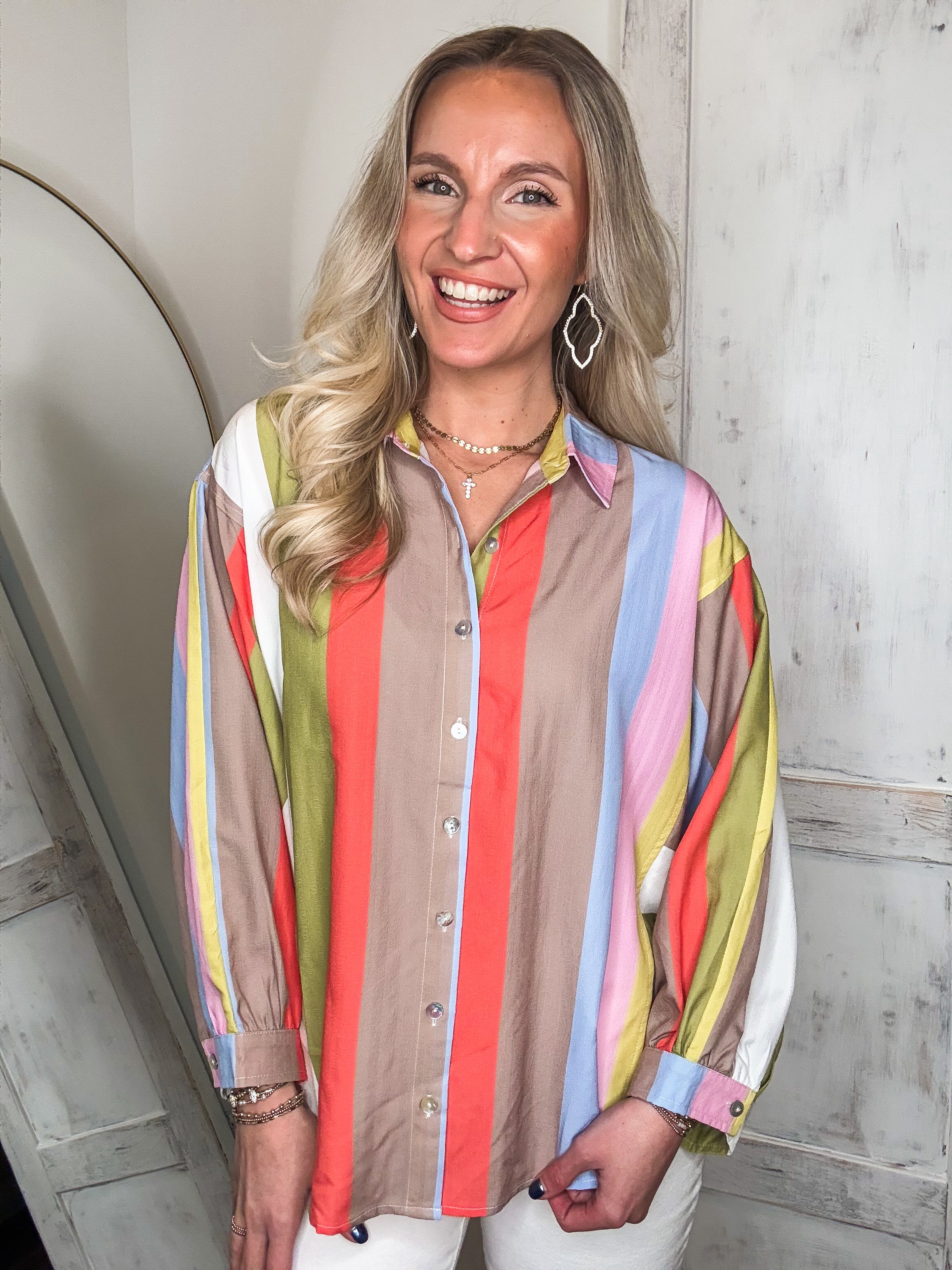 True Feelings Lime & Mocha Striped L/S Blouse