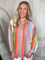 Load image into Gallery viewer, True Feelings Lime &amp; Mocha Striped L/S Blouse
