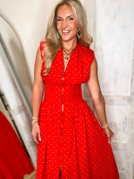 Load image into Gallery viewer, American Girl Red Polka Dot Front Zip Midi Dress
