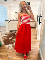 Load image into Gallery viewer, Midsummer Meeting Red Stripe Strapless Maxi Dress
