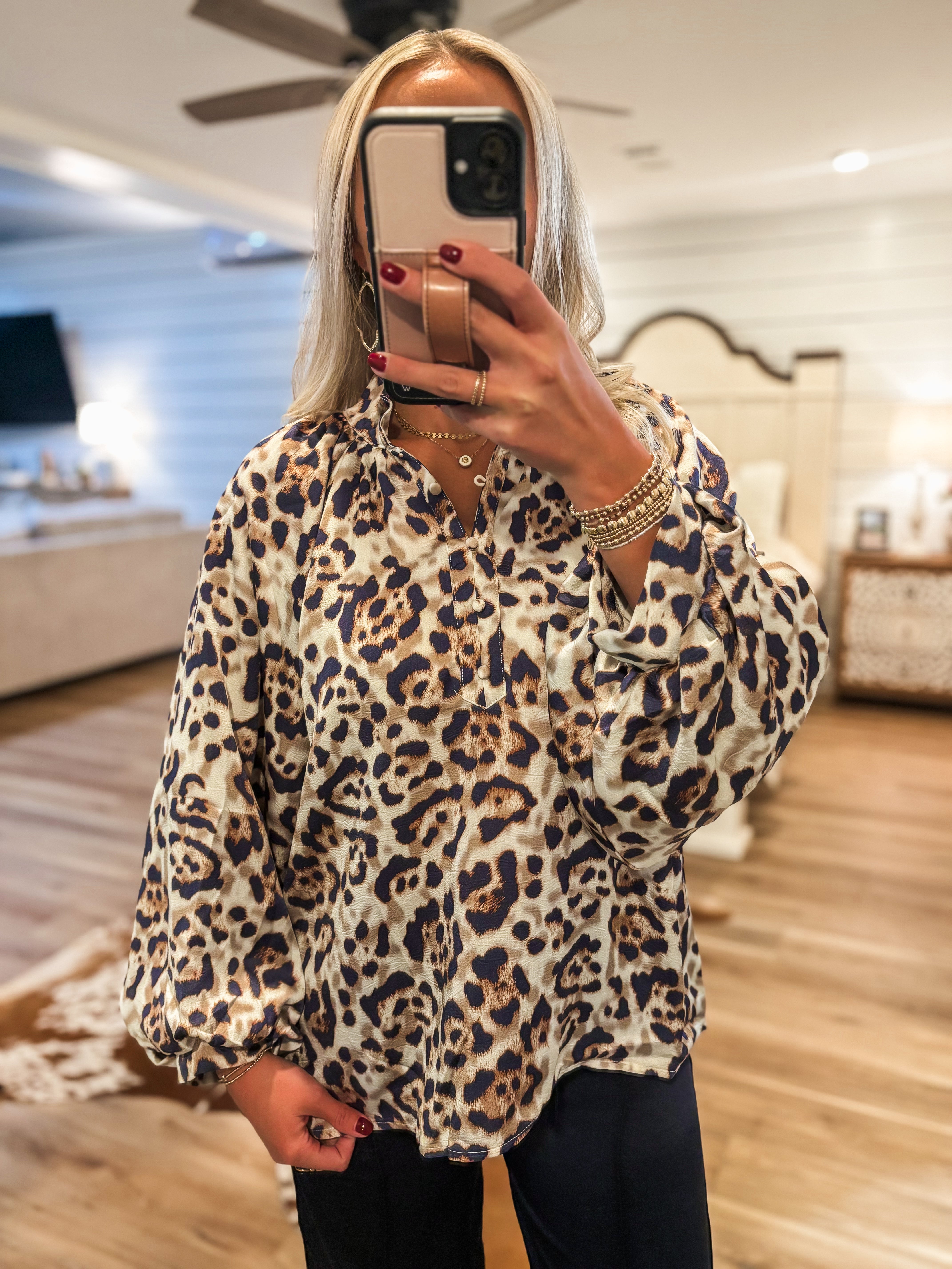 Seeking Out Taupe & Navy Leopard Blouse