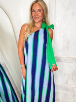 Load image into Gallery viewer, Coastal Vibes Blue-Green Stripe One Shoulder Maxi Dress
