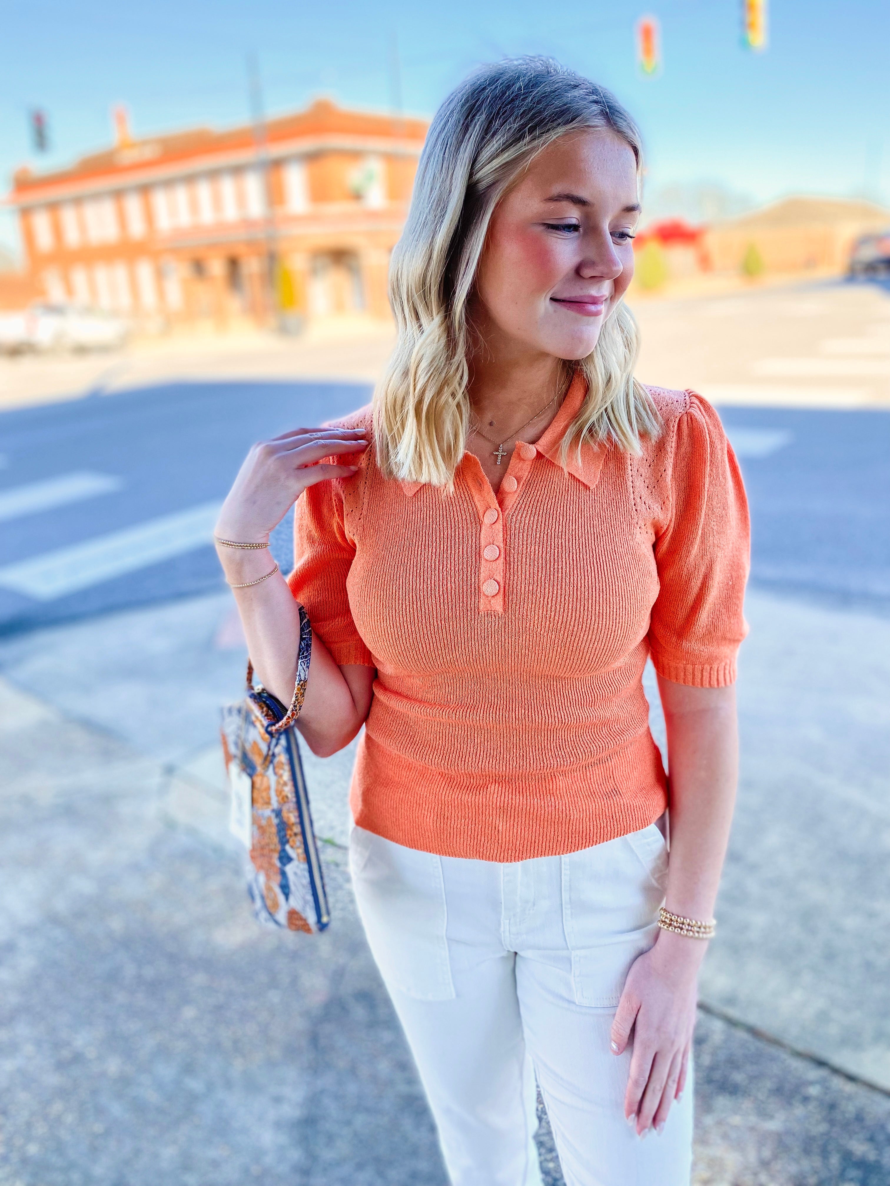 Simply Yours Tangerine Collared Knit Short Sleeve Sweater