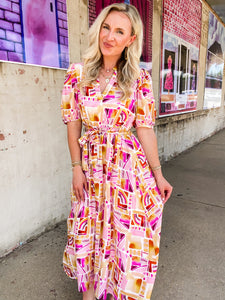 Summer Evening Pink Abstract THML Midi Dress