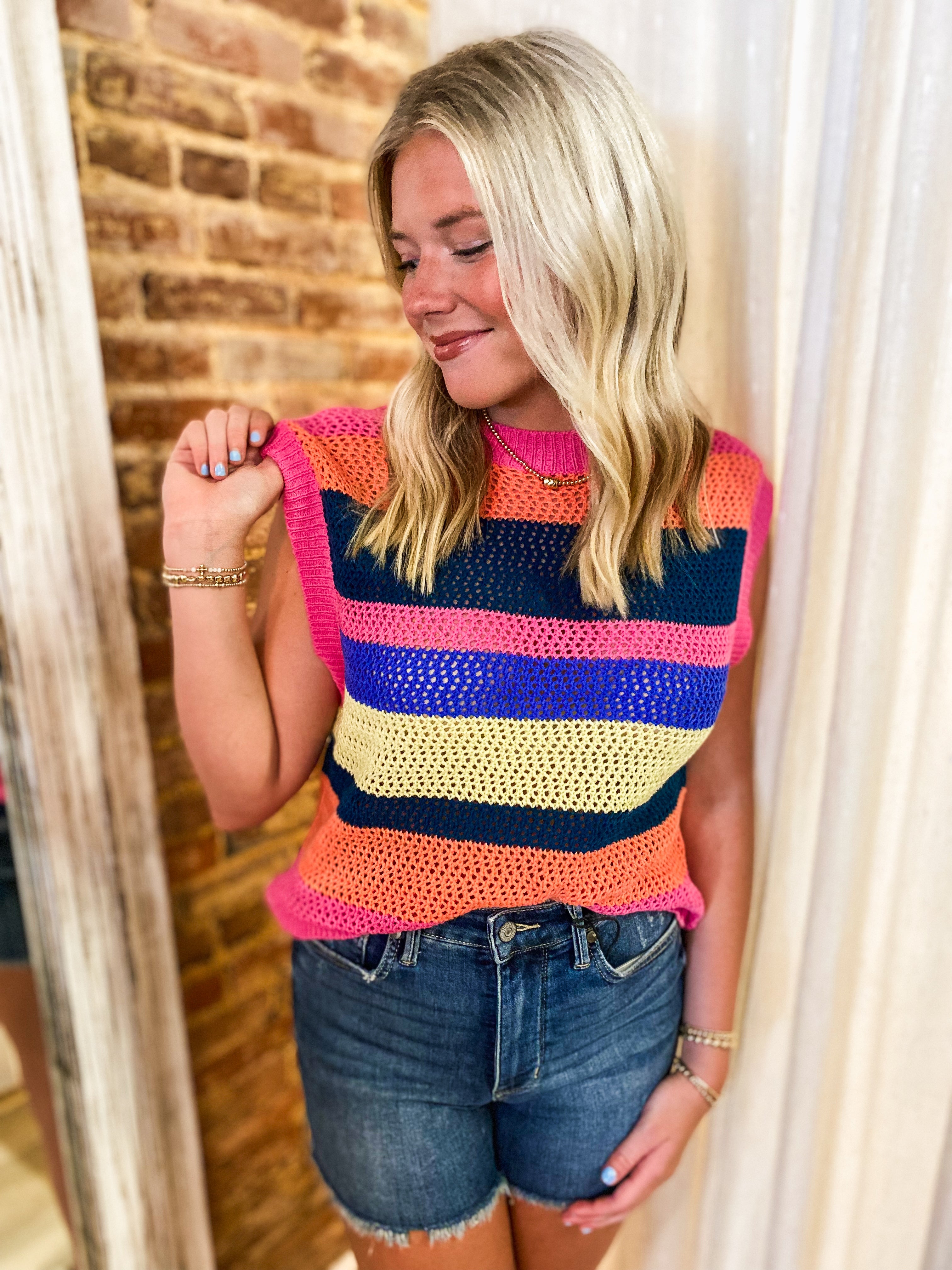 Let It Be Multi Color Striped Crochet Sleeveless Sweater