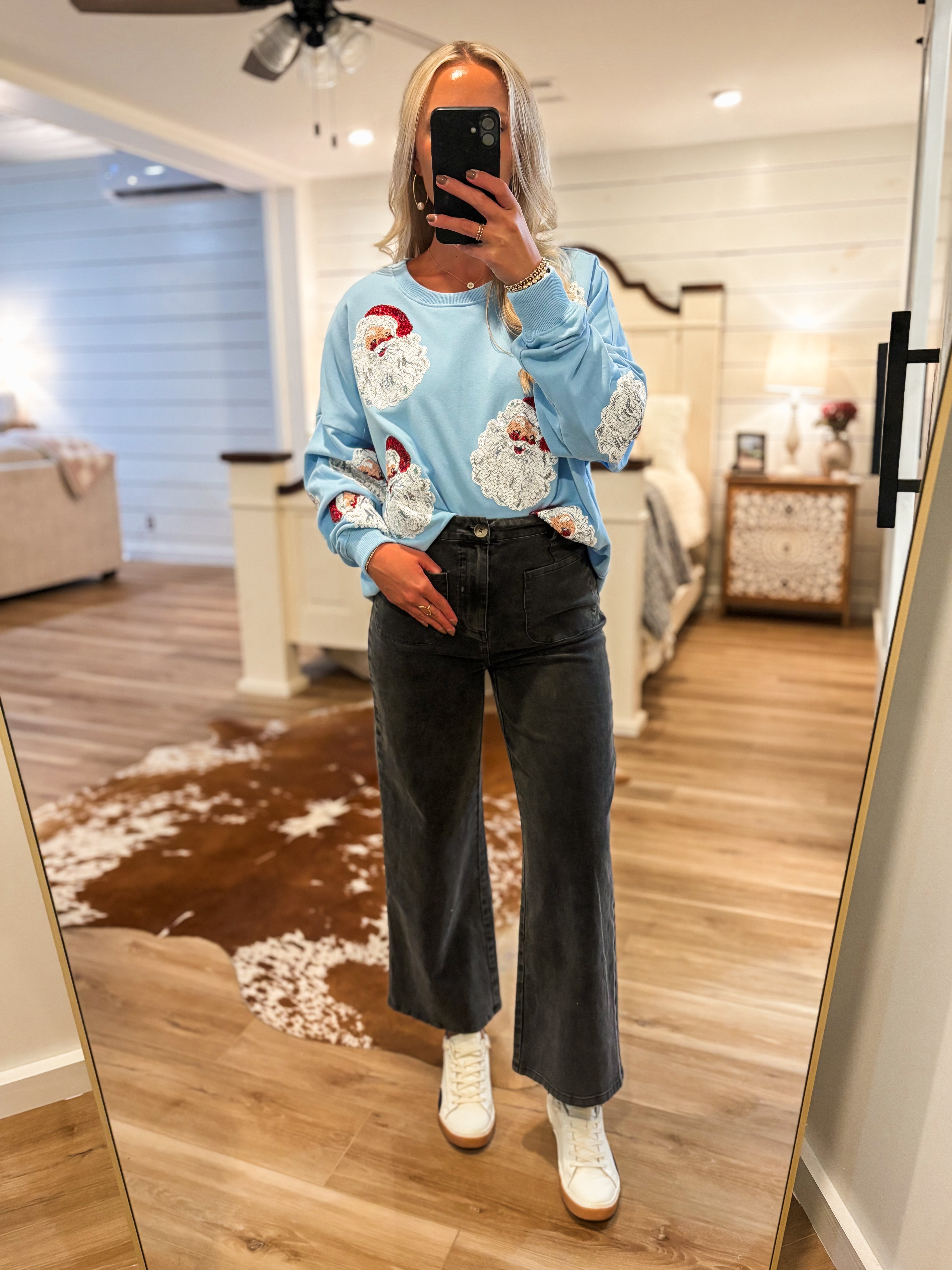 Santa Sequin Sky Blue Pullover