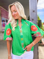 Load image into Gallery viewer, Perfect Timing Floral Embroidered Kelly Green THML Blouse
