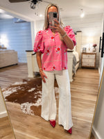Load image into Gallery viewer, Bright Skies Embroidered Bubblegum Floral Blouse

