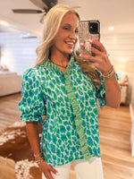 Load image into Gallery viewer, About Time Blue Leopard Contrast Blouse
