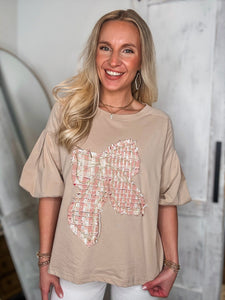 Looking Forward Bow Patch Taupe S/S Blouse