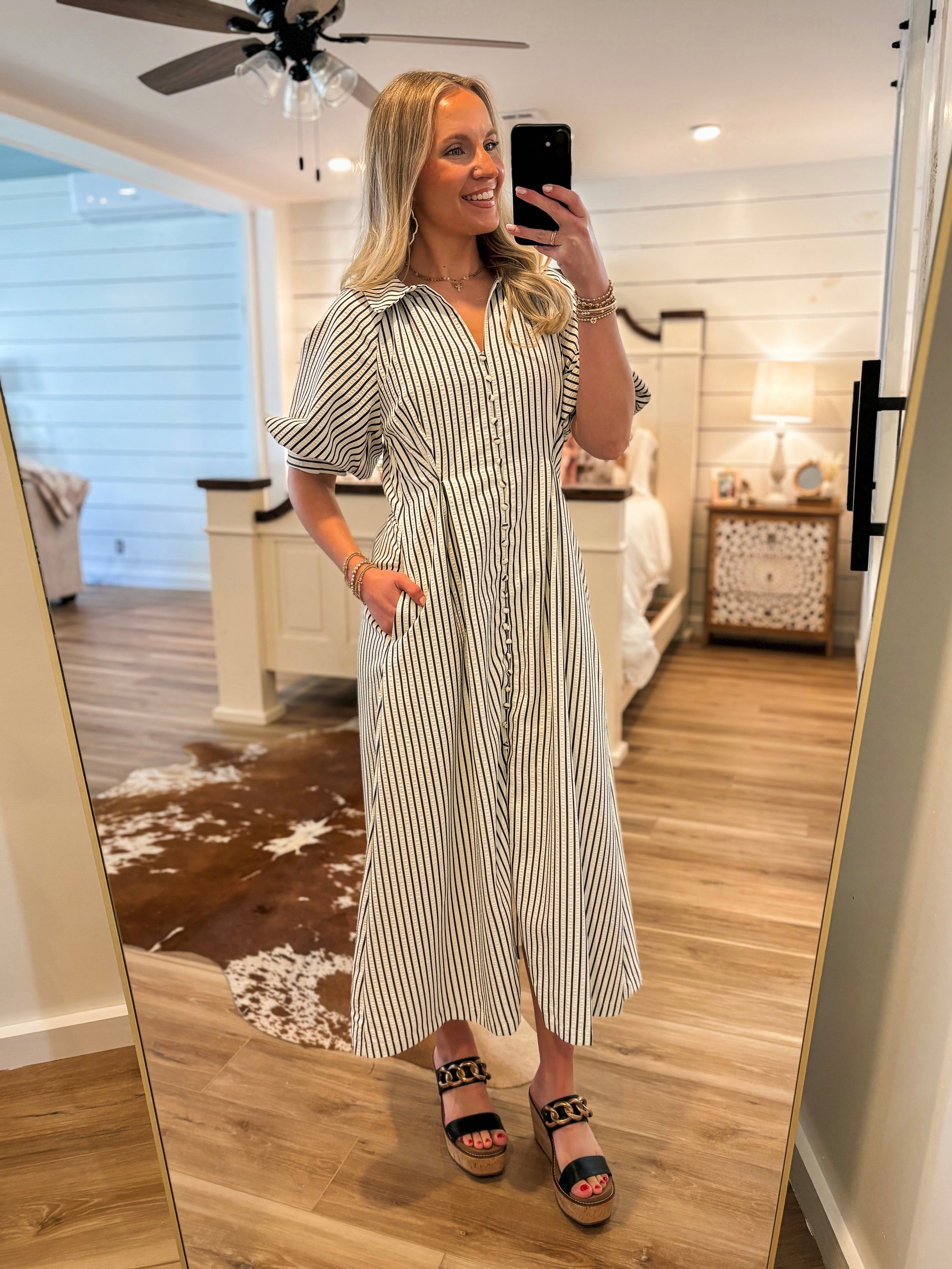 Taking Risks Black & White Striped Midi Dress