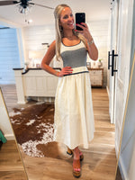 Load image into Gallery viewer, Up From Here Ivory &amp; Navy Stripe Midi Dress
