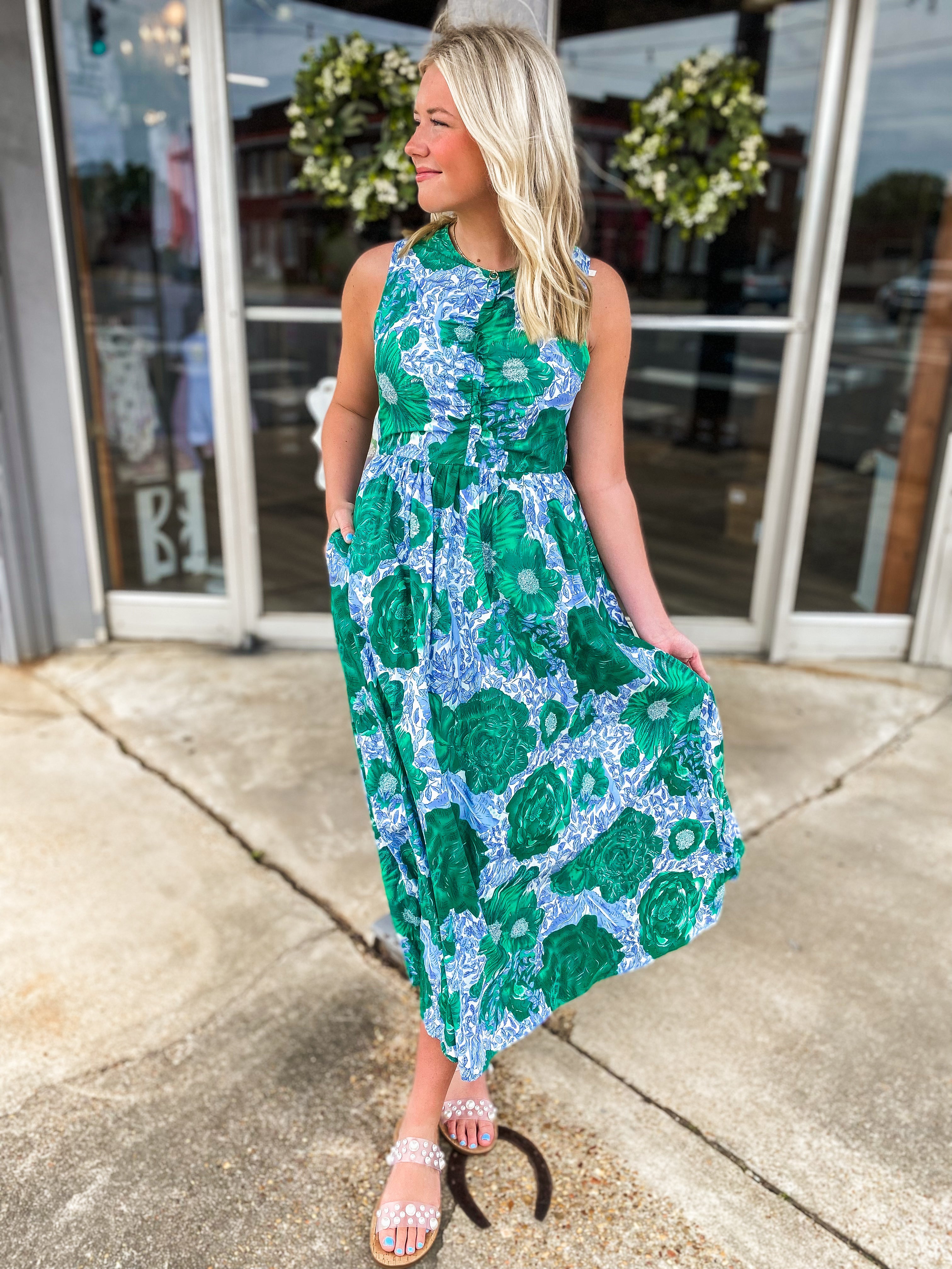 Never Too Much Green & Periwinkle Floral Maxi Dress