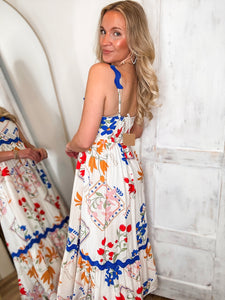 European Summer White Printed Midi Dress