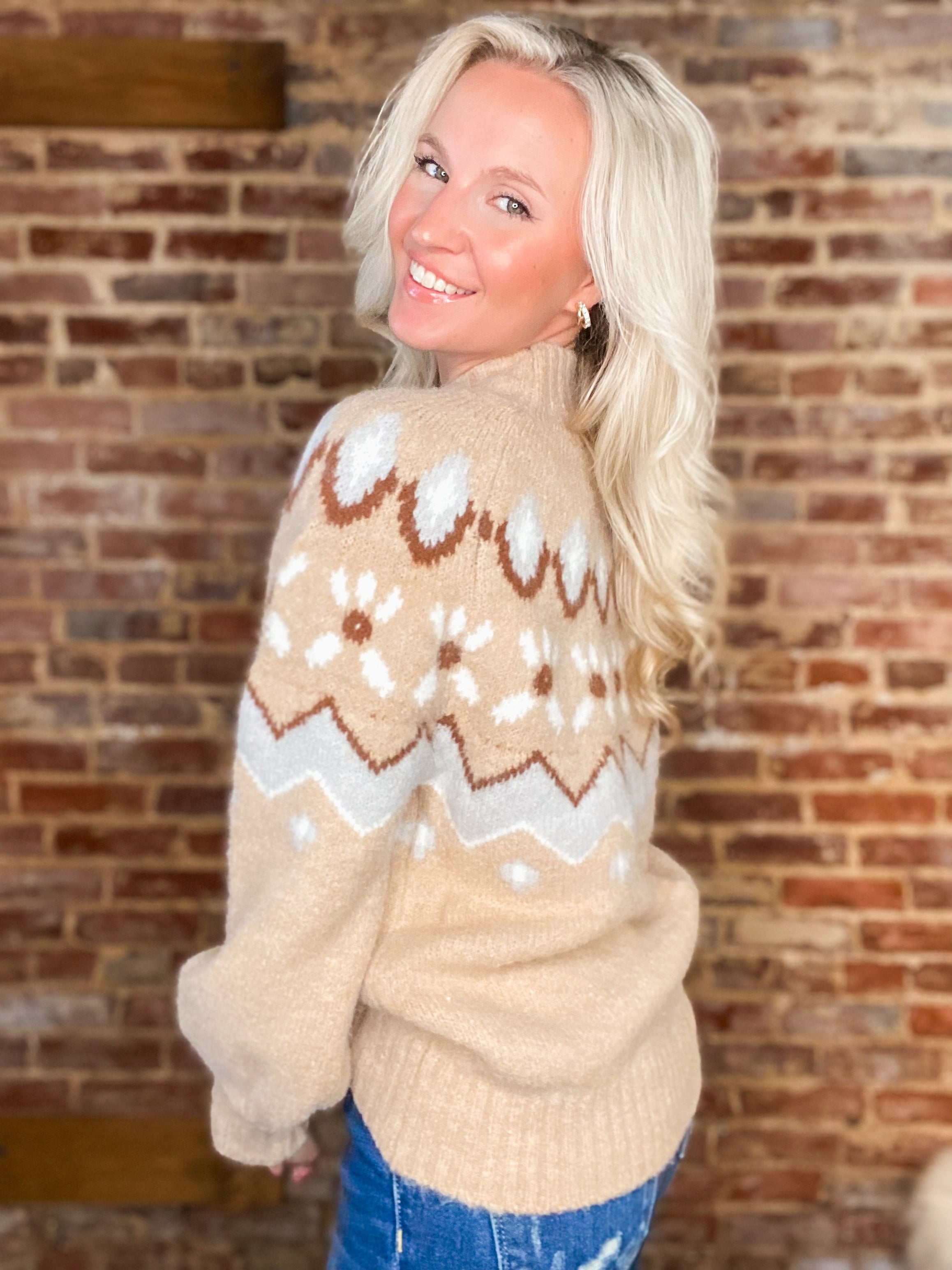 Gathered Around Taupe Printed Mock Neck Sweater