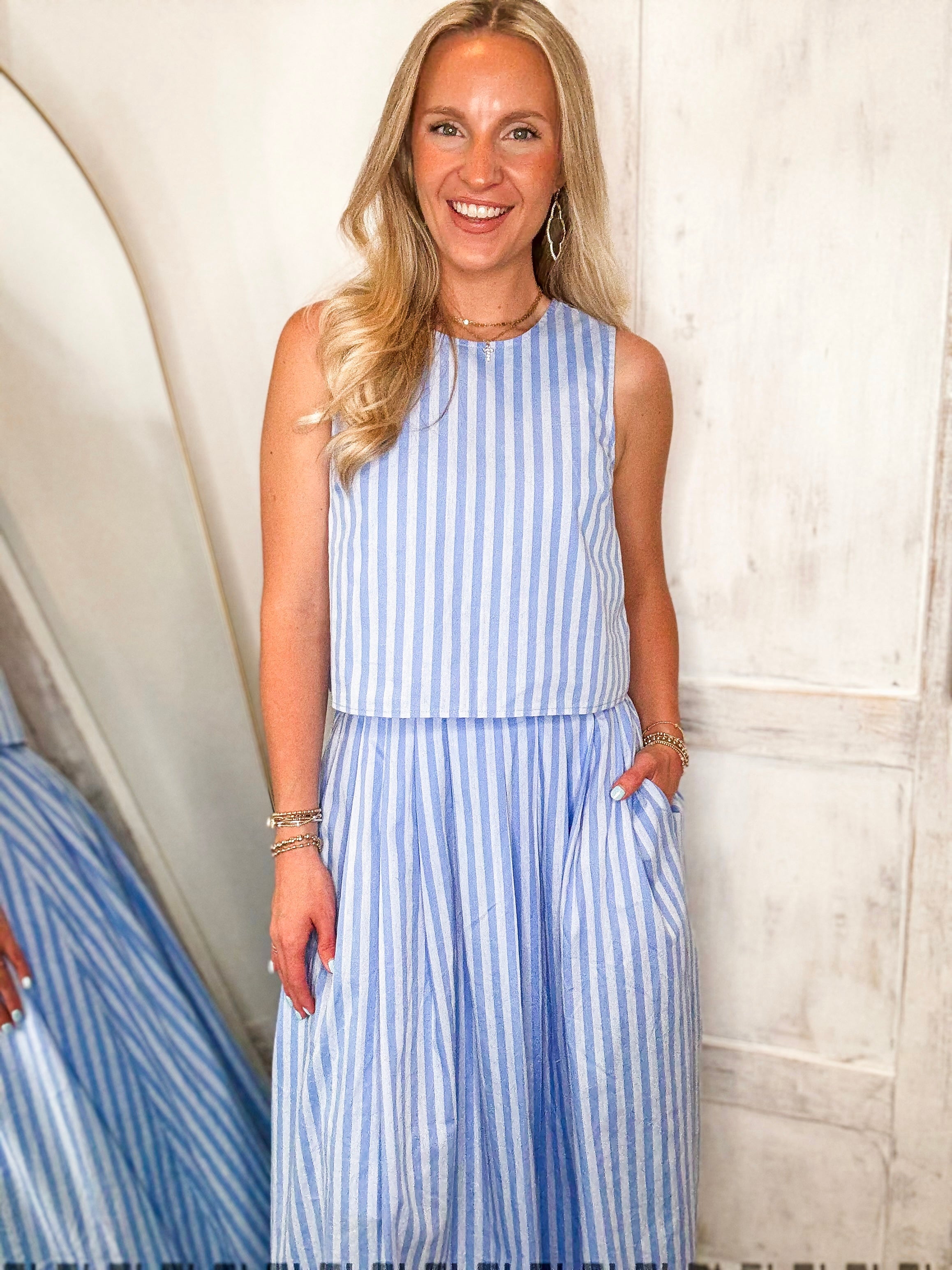 Best Is Coming Blue Striped Tank & Midi Skirt Set