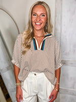 Load image into Gallery viewer, Loving Me Brown Stripe Contrast Blouse
