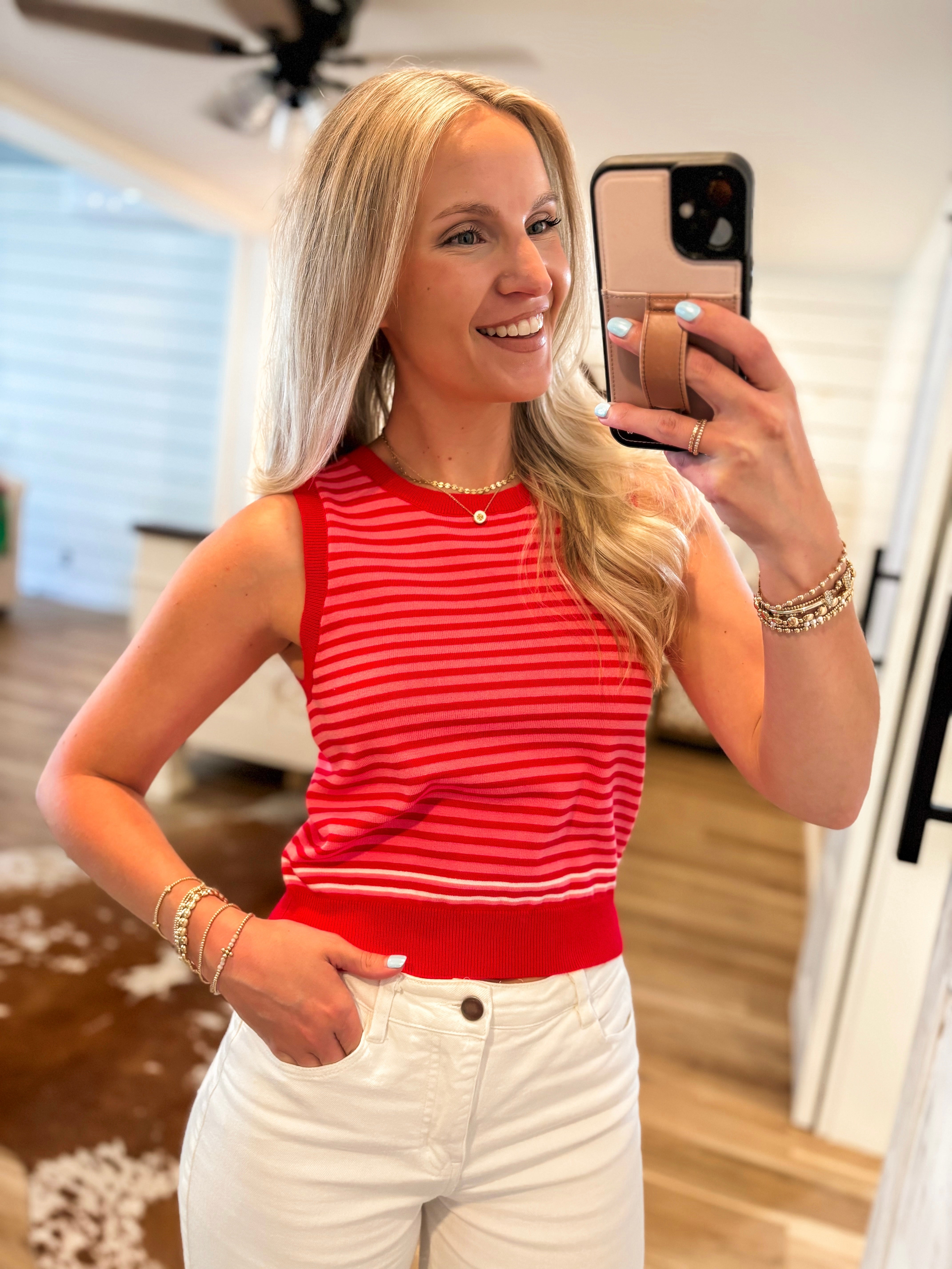 What I Need Red & Pink Stripe Vest Blouse