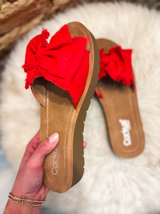Red Canvas Spray Tan Corkys Slide Sandal