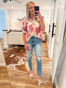 Downtown Walks Pink Floral Button Down Blouse