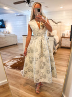 Load image into Gallery viewer, Gold Floral Jacquard Midi Dress
