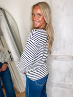 Load image into Gallery viewer, Just A Min Navy Stripe L/S Crew Top
