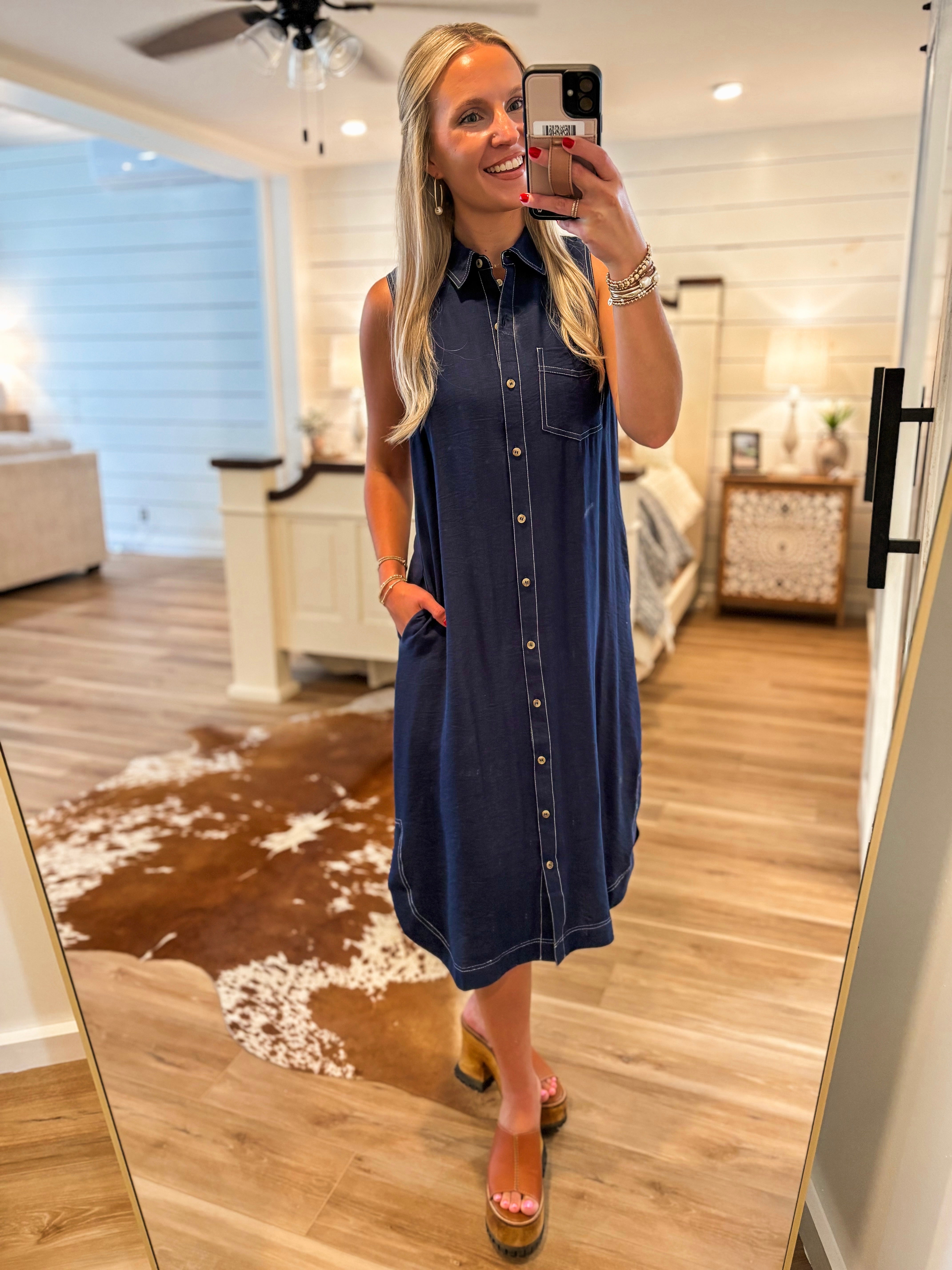 Left To Chance Navy Button Down Midi Dress