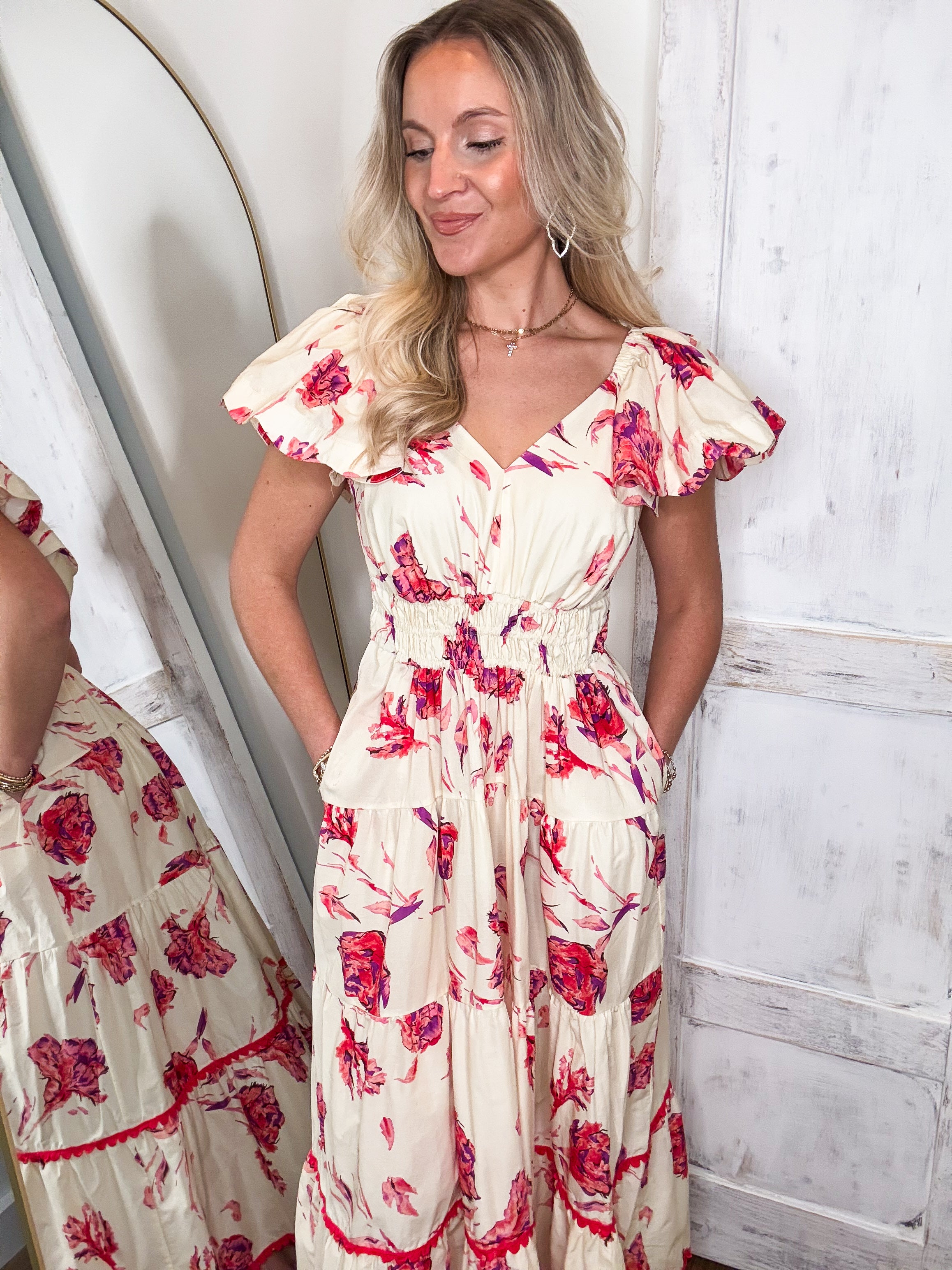 At The Right Time Ivory Floral Midi Dress