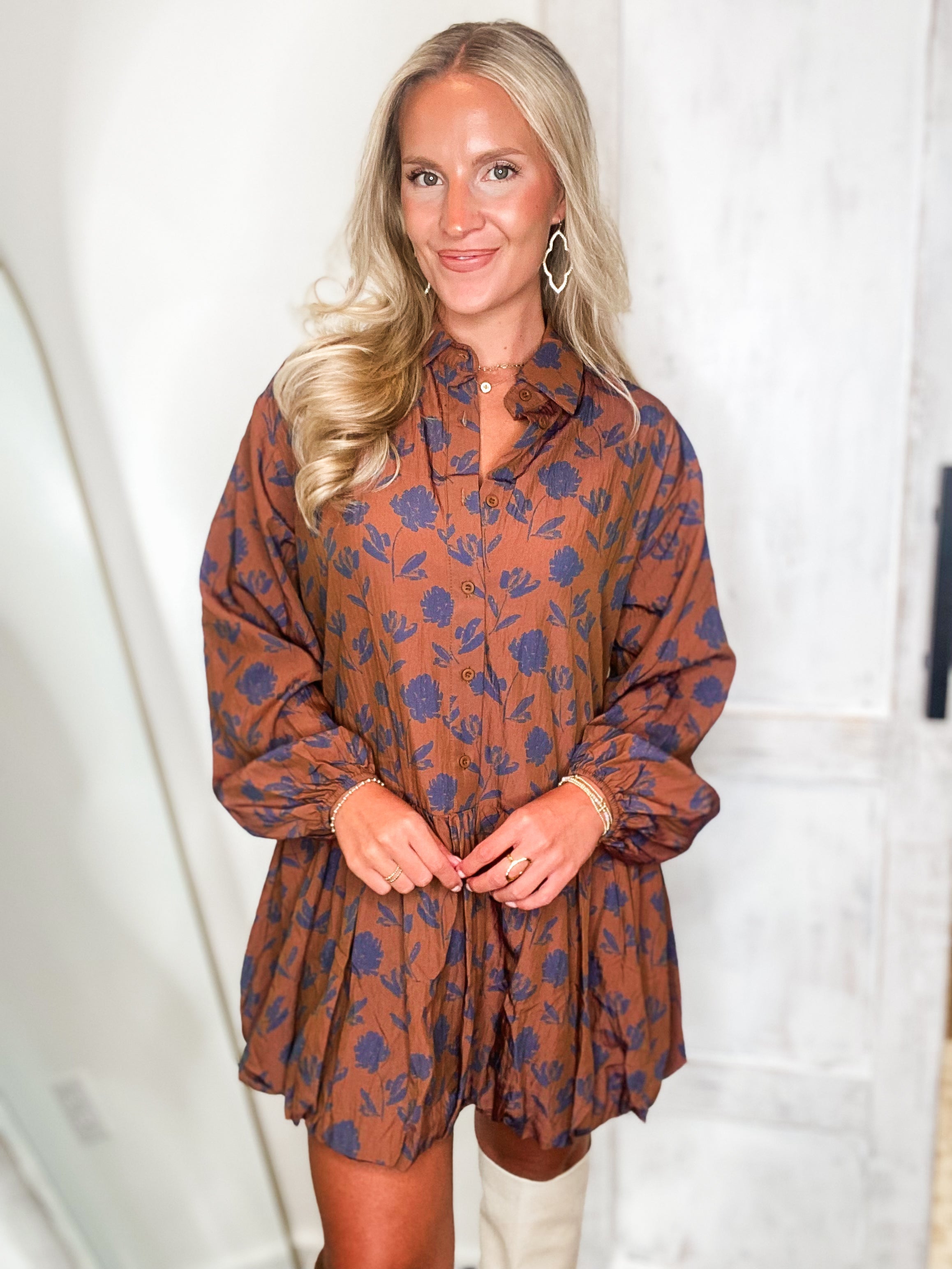 All For You Chestnut Floral Bubble Mini Dress