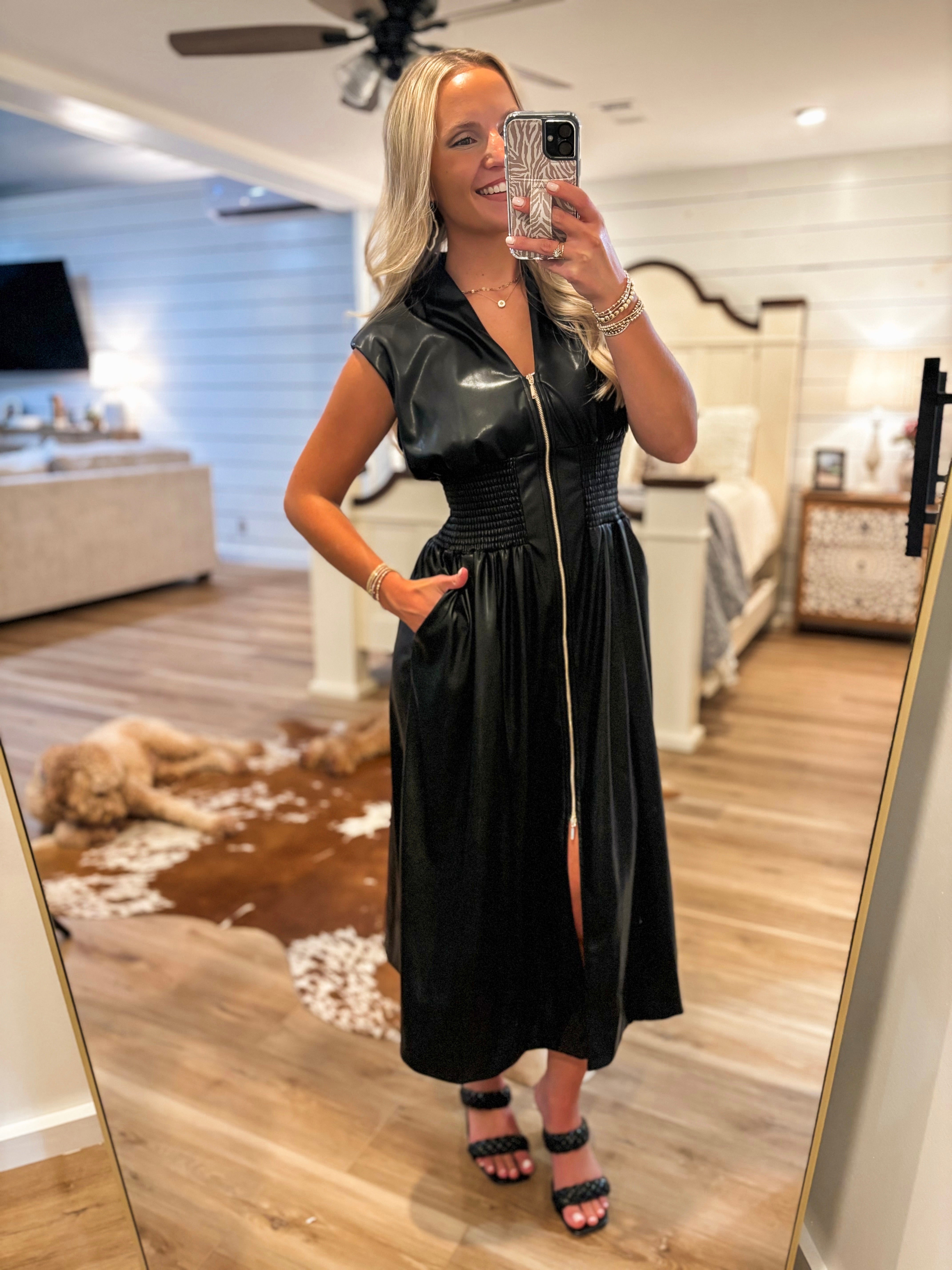 Last To See Black Faux Leather Zip Dress