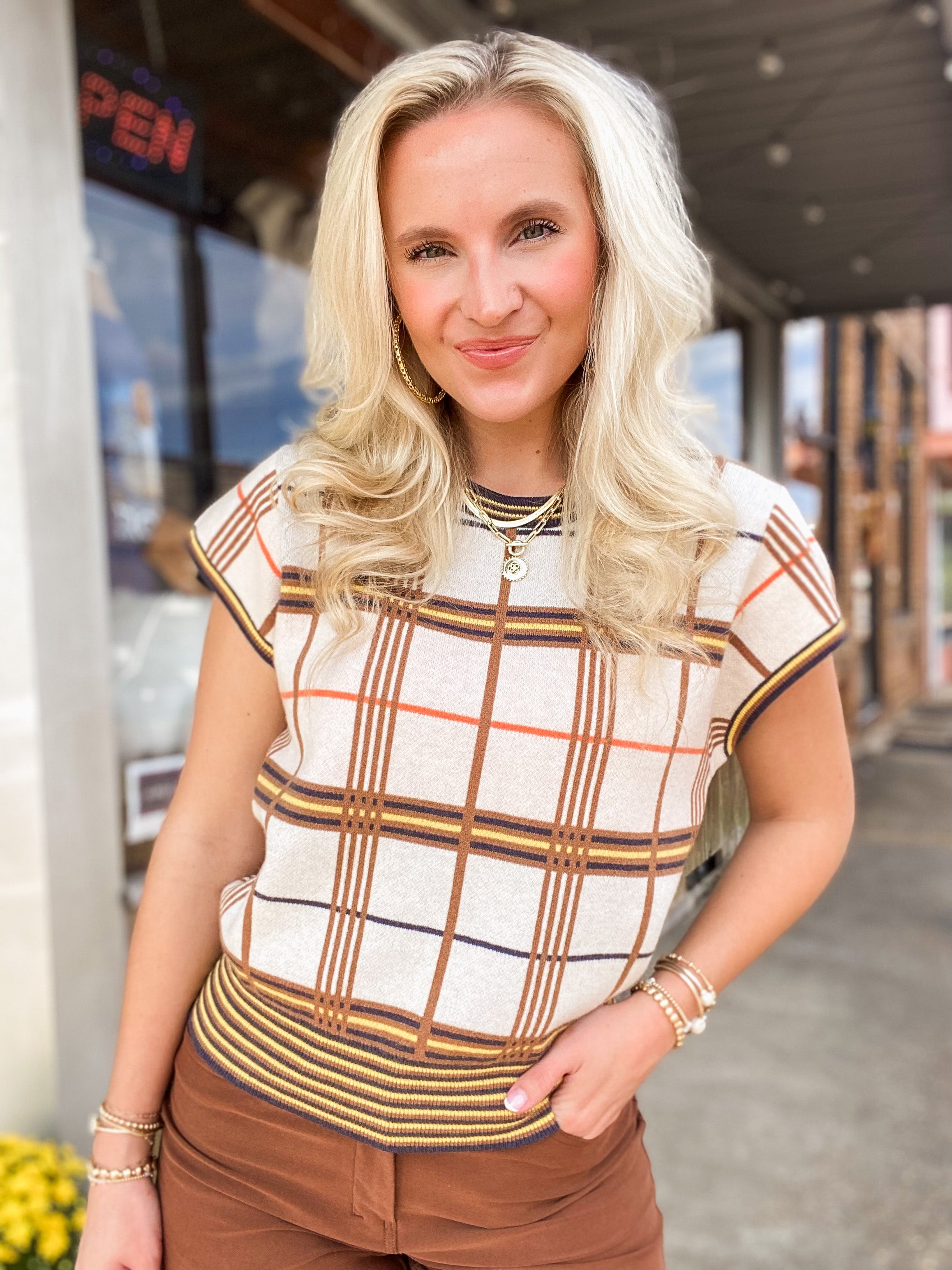 Say It All Taupe, Rust, & Navy Plaid THML Sweater Blouse