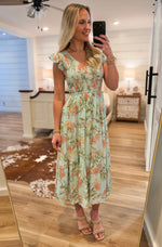Load image into Gallery viewer, Deciding Today Aqua Floral Midi Dress

