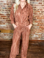 Load image into Gallery viewer, So Content Pleated Mocha Button Down Blouse &amp; Pants Set
