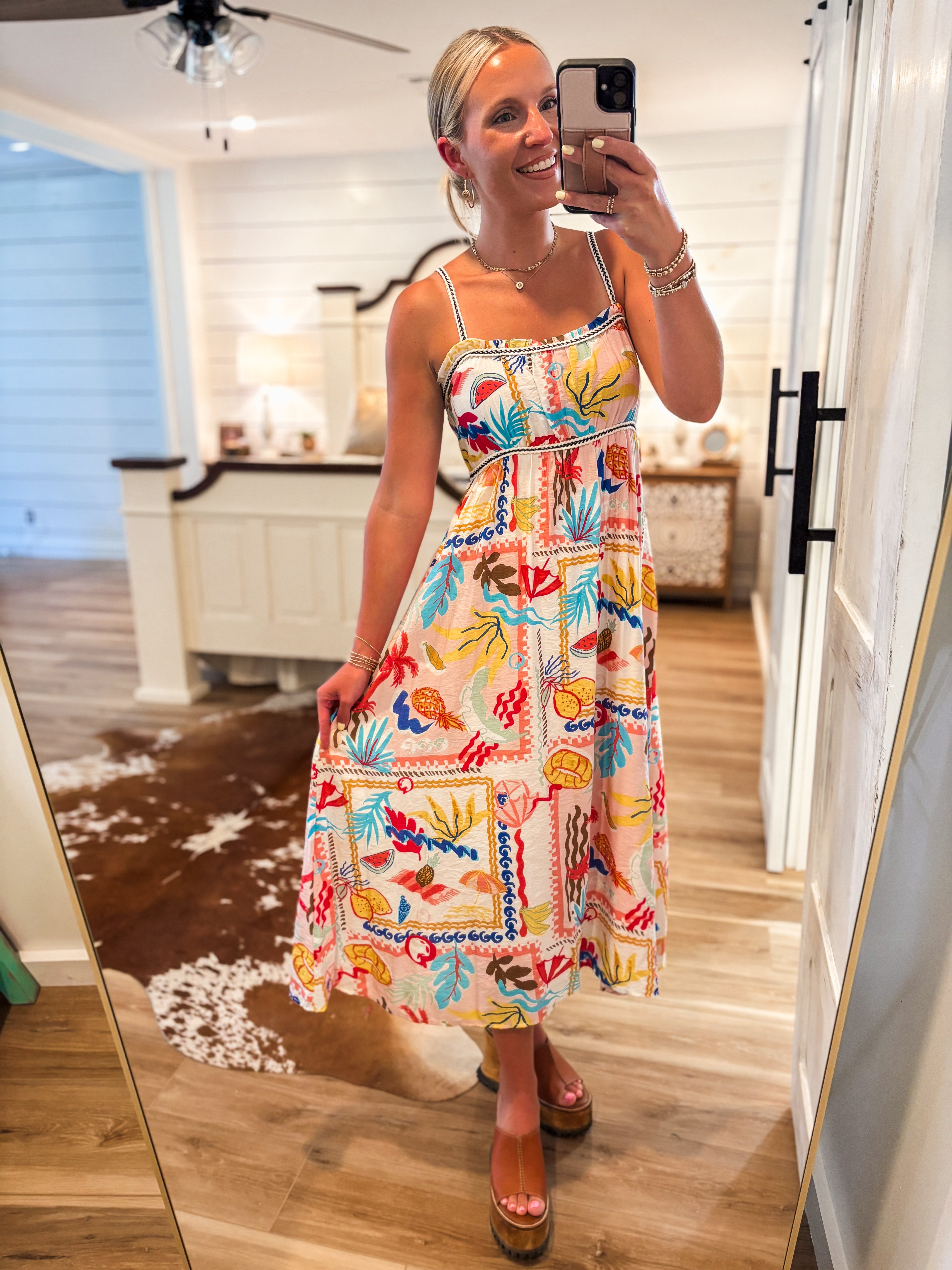 Salty Breeze Coral Tropical Printed Midi Dress