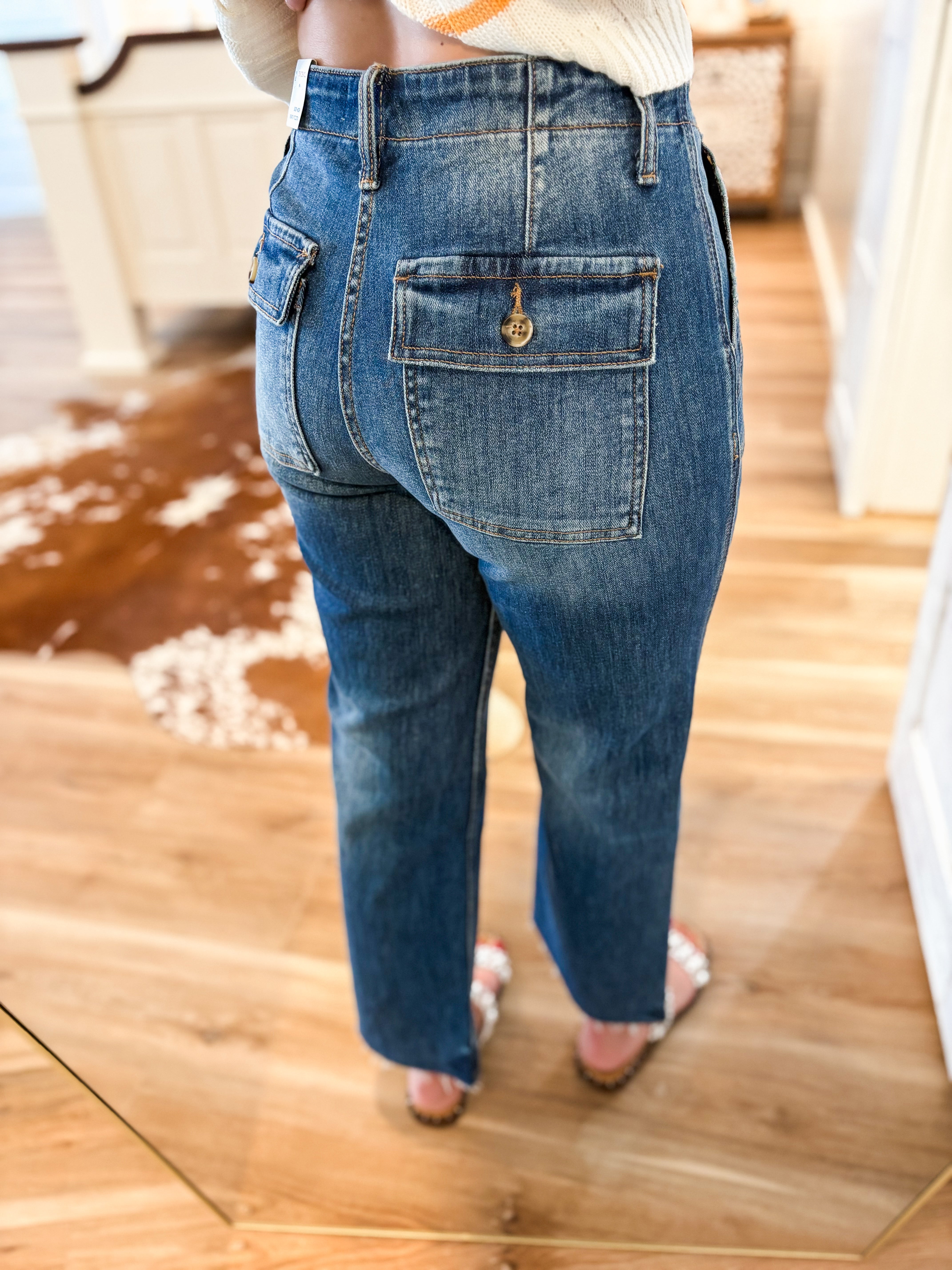 Superb High Rise Dark Wash Cropped Utility Straight Vervet Denim