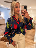 Load image into Gallery viewer, Fine Here Royal Blue Floral L/S Blouse

