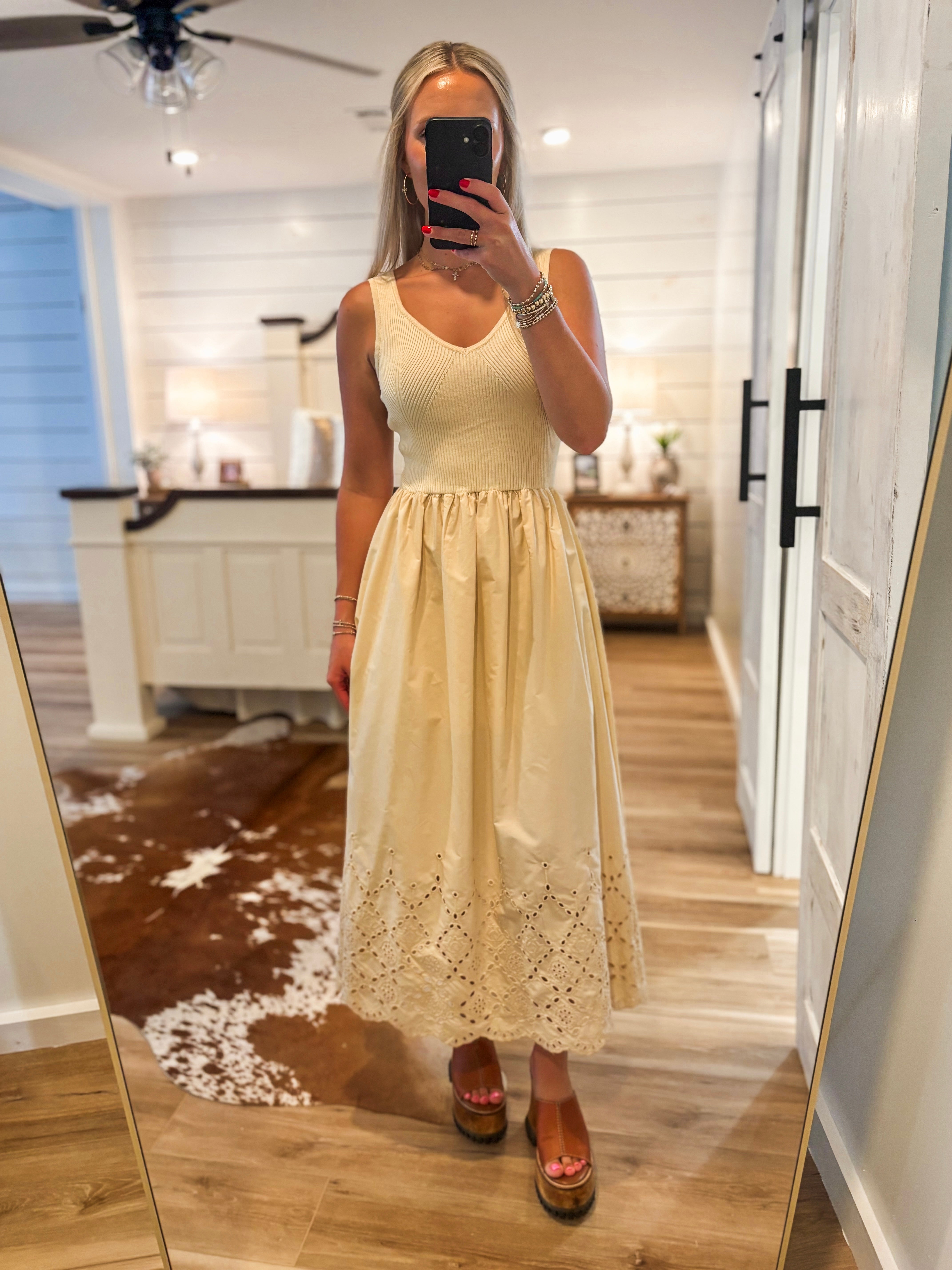 Sentimental Feeling Butter Yellow Eyelet Midi Dress L Sentimental Feeling Butter Yellow Eyelet Midi Dress L