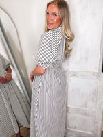 Load image into Gallery viewer, Taking Risks Black &amp; White Striped Midi Dress
