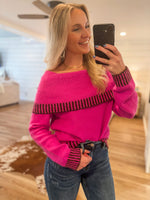 Load image into Gallery viewer, Faith In You Magenta Contrast Cold Shoulder Sweater
