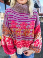 Load image into Gallery viewer, Been Waiting Here Pink Multi-Print Turtle Neck Sweater
