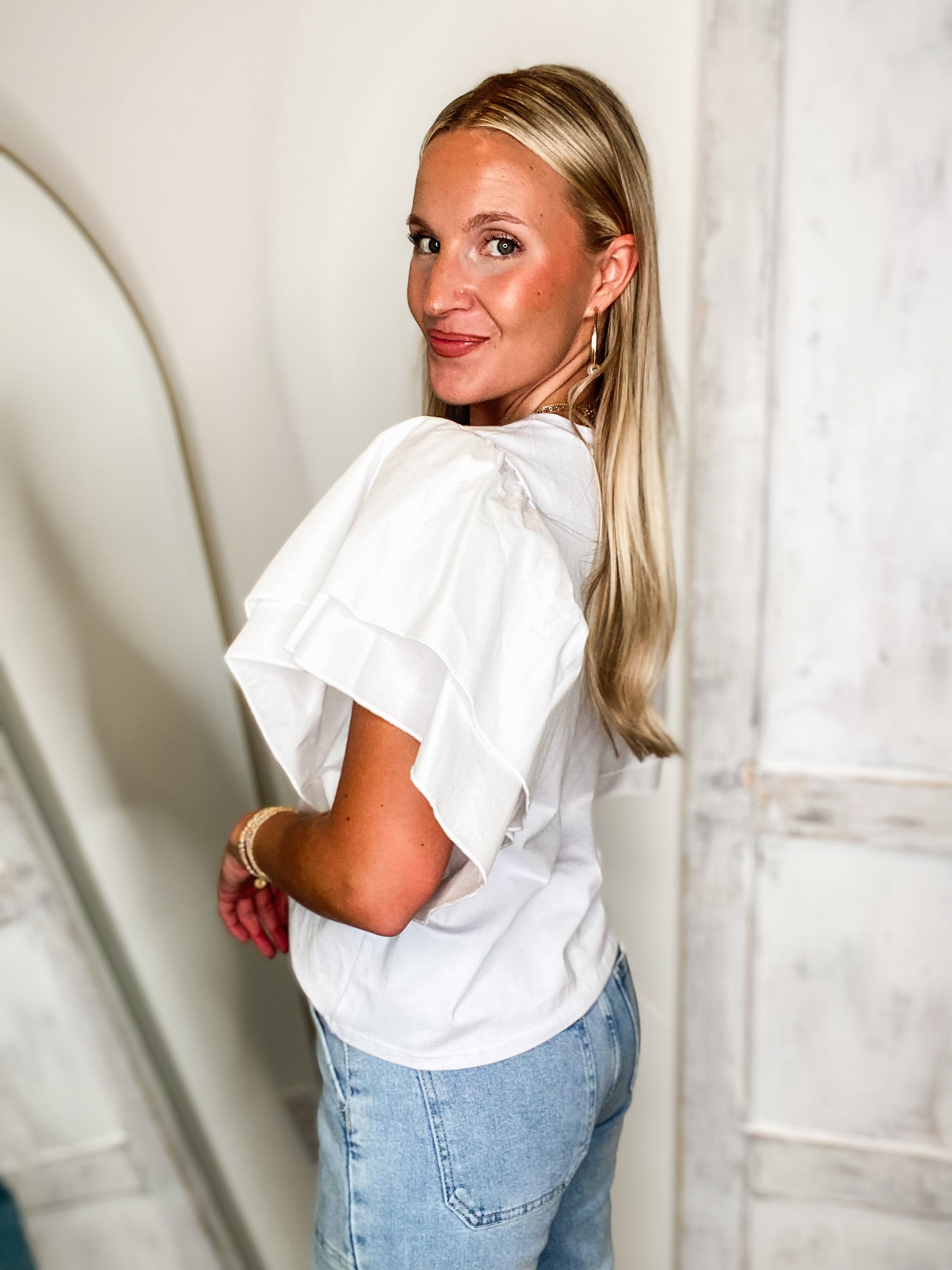 Iris White Ruffle Sleeve ADRIENNE Blouse